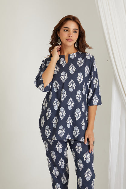 Women Cotton Printed Loungewear Kurta and Pants Co-ord Set Blue I Night Wear | Butta Print