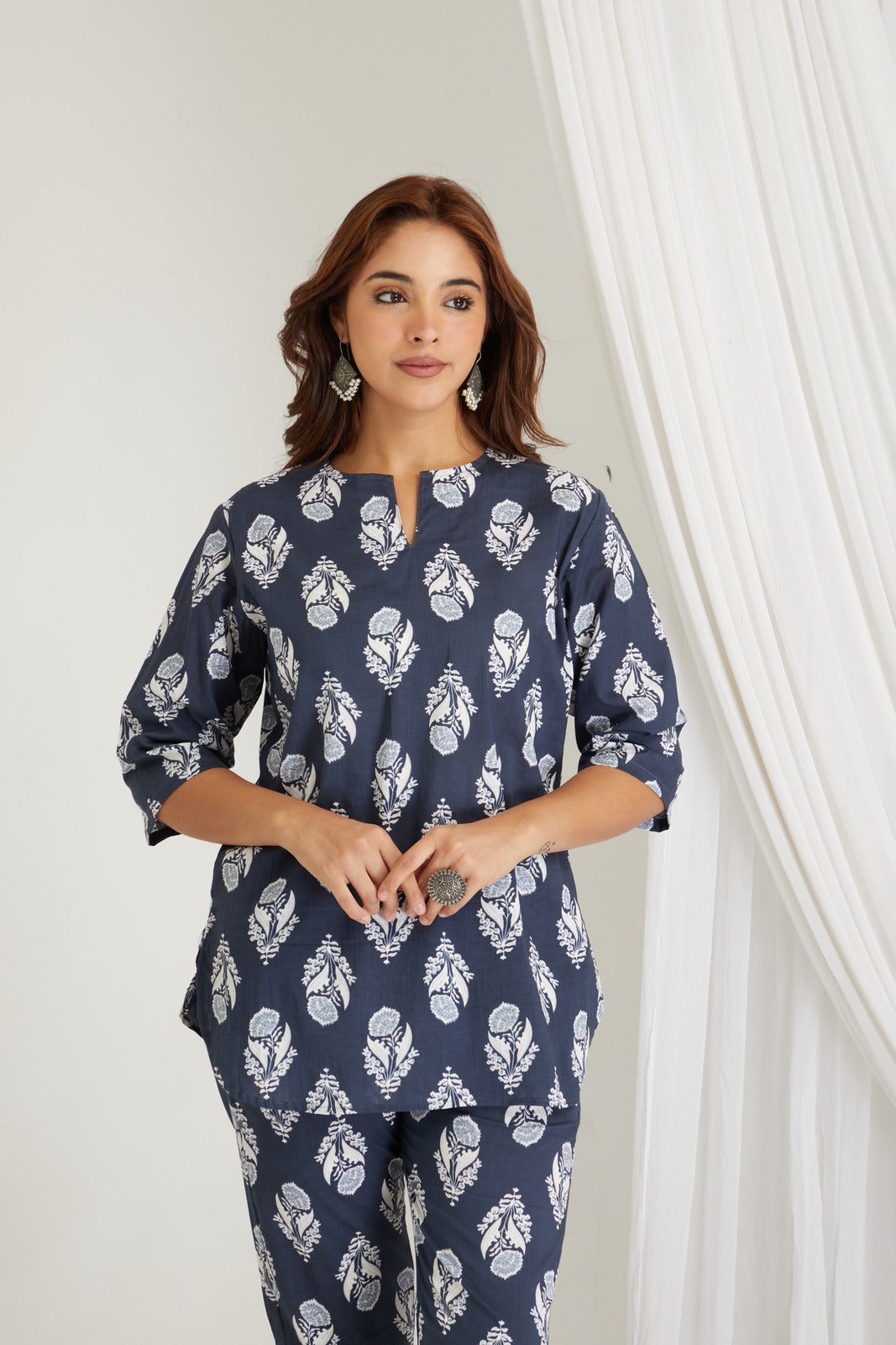 Women Cotton Printed Loungewear Kurta and Pants Co-ord Set Blue I Night Wear | Butta Print