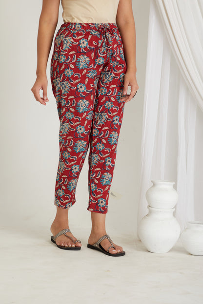 Women Cotton Printed Loungewear Kurta and Pants Co-ord Set Red I Night Wear I Floral Print