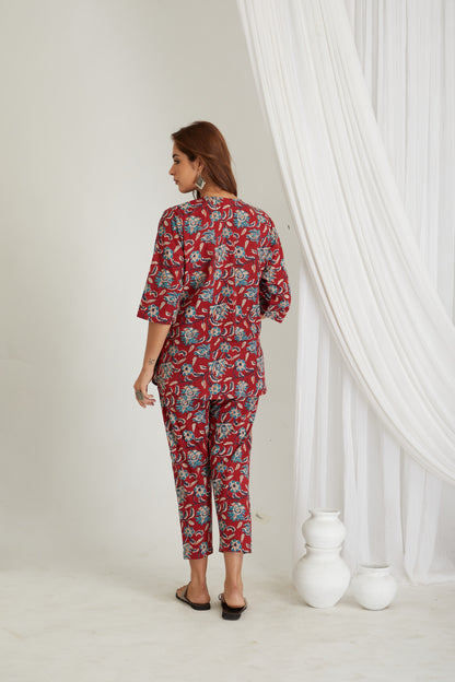 Women Cotton Printed Loungewear Kurta and Pants Co-ord Set Red I Night Wear I Floral Print