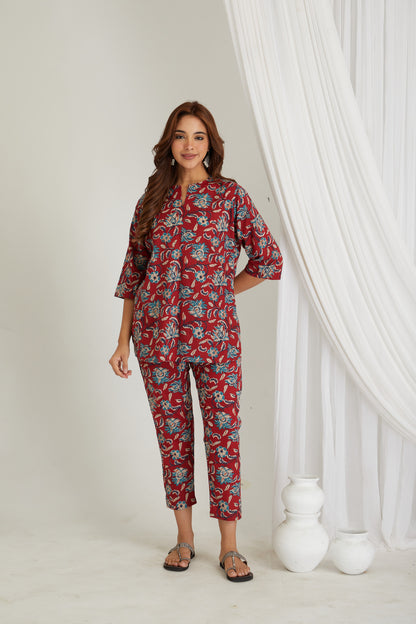 Women Cotton Printed Loungewear Kurta and Pants Co-ord Set Red I Night Wear I Floral Print