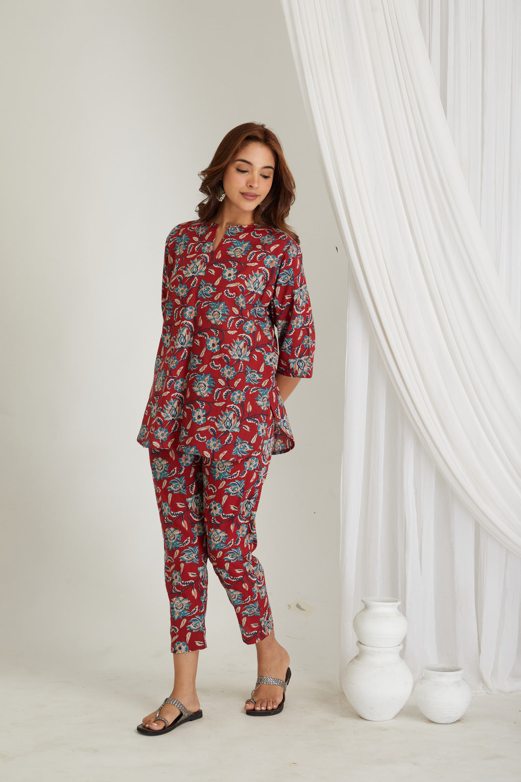 Women Cotton Printed Loungewear Kurta and Pants Co-ord Set Red I Night Wear I Floral Print