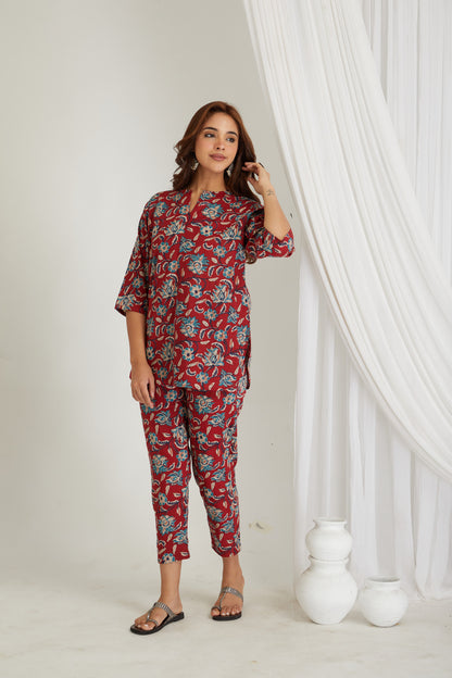 Women Cotton Printed Loungewear Kurta and Pants Co-ord Set Red I Night Wear I Floral Print