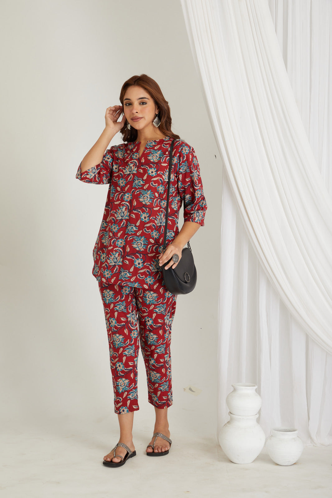 Women Cotton Printed Loungewear Kurta and Pants Co-ord Set Red I Night Wear I Floral Print