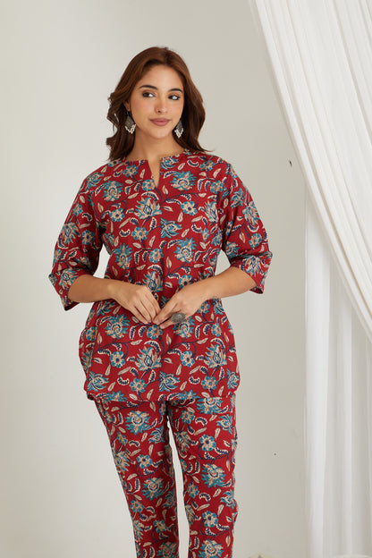 Women Cotton Printed Loungewear Kurta and Pants Co-ord Set Red I Night Wear I Floral Print