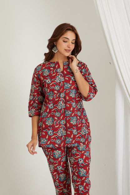 Women Cotton Printed Loungewear Kurta and Pants Co-ord Set Red I Night Wear I Floral Print