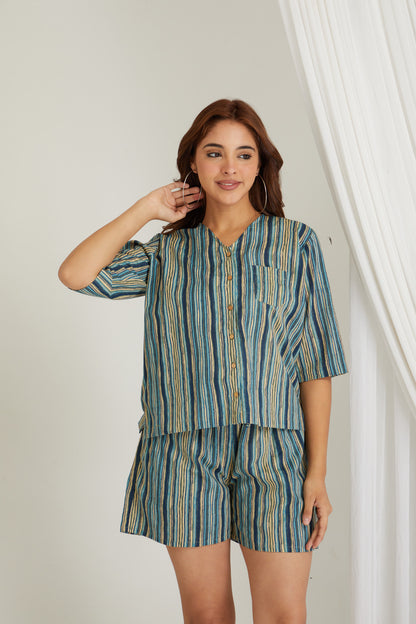 Women Cotton Printed Loungewear Top and Shorts Co-ord Set Blue I Night Wear | Stripes Print