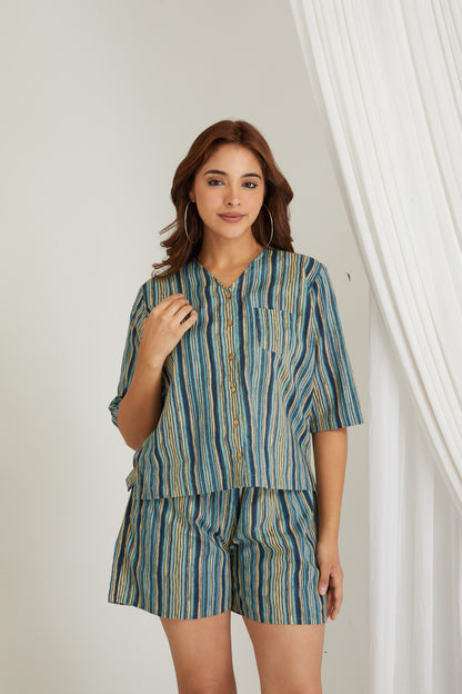 Women Cotton Printed Loungewear Top and Shorts Co-ord Set Blue I Night Wear | Stripes Print