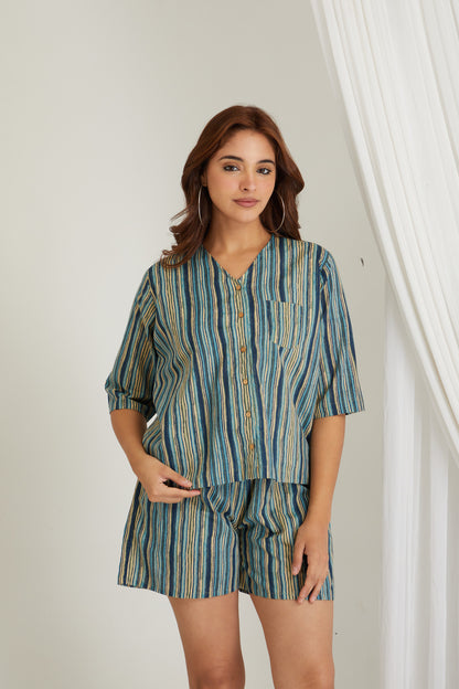 Women Cotton Printed Loungewear Top and Shorts Co-ord Set Blue I Night Wear | Stripes Print