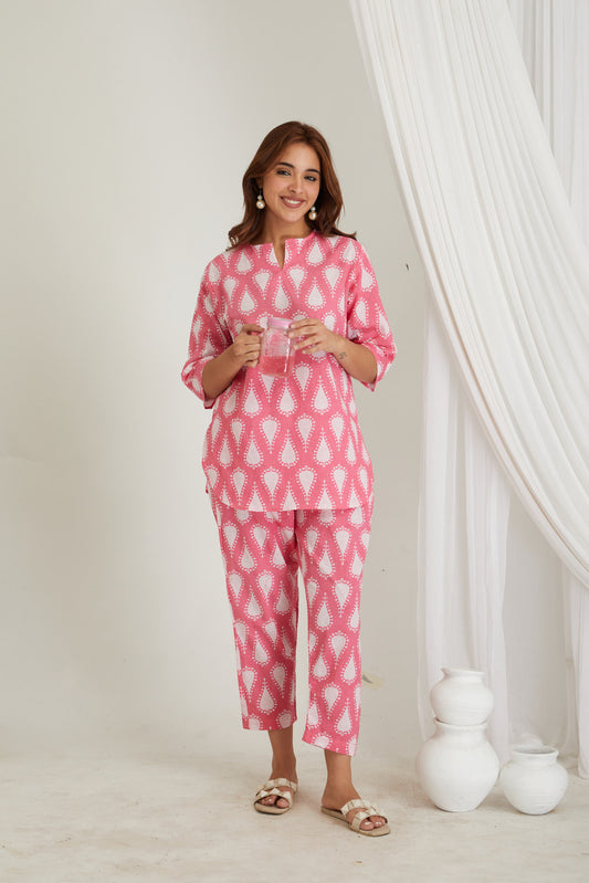 Women Cotton Printed Loungewear Kurta and Pants Co-ord Set Pink I Night Wear I Butta Print