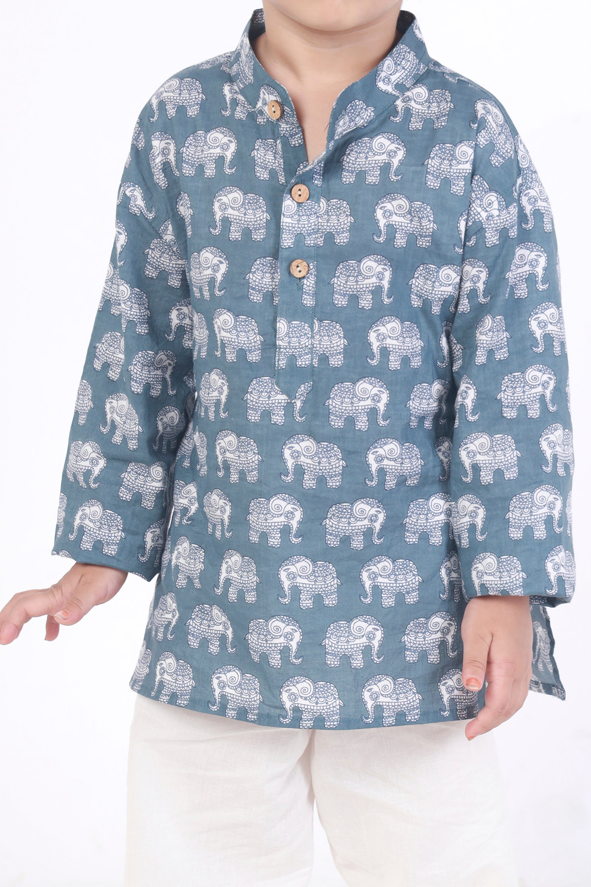 Grey elephant print kurta pajama nightsuit set for kids 