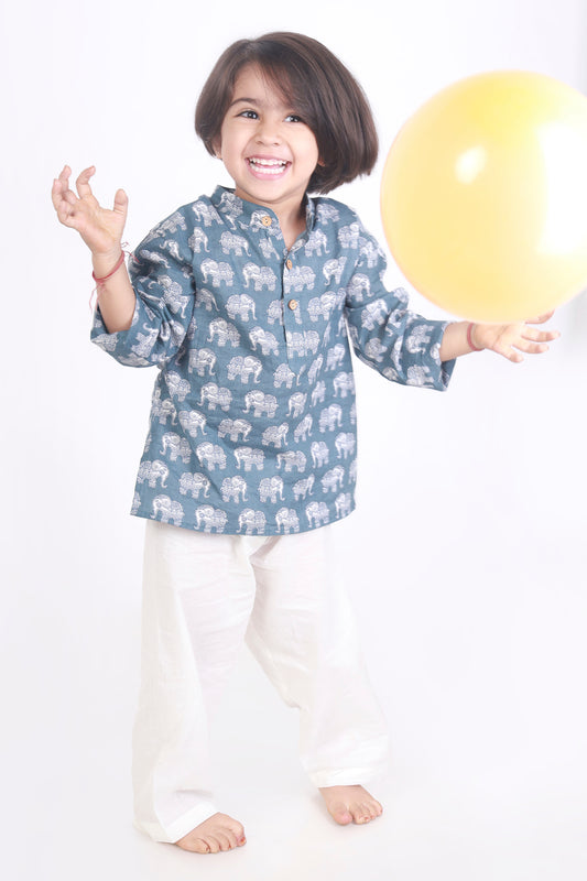Grey elephant print kurta pajama nightsuit set for kids 