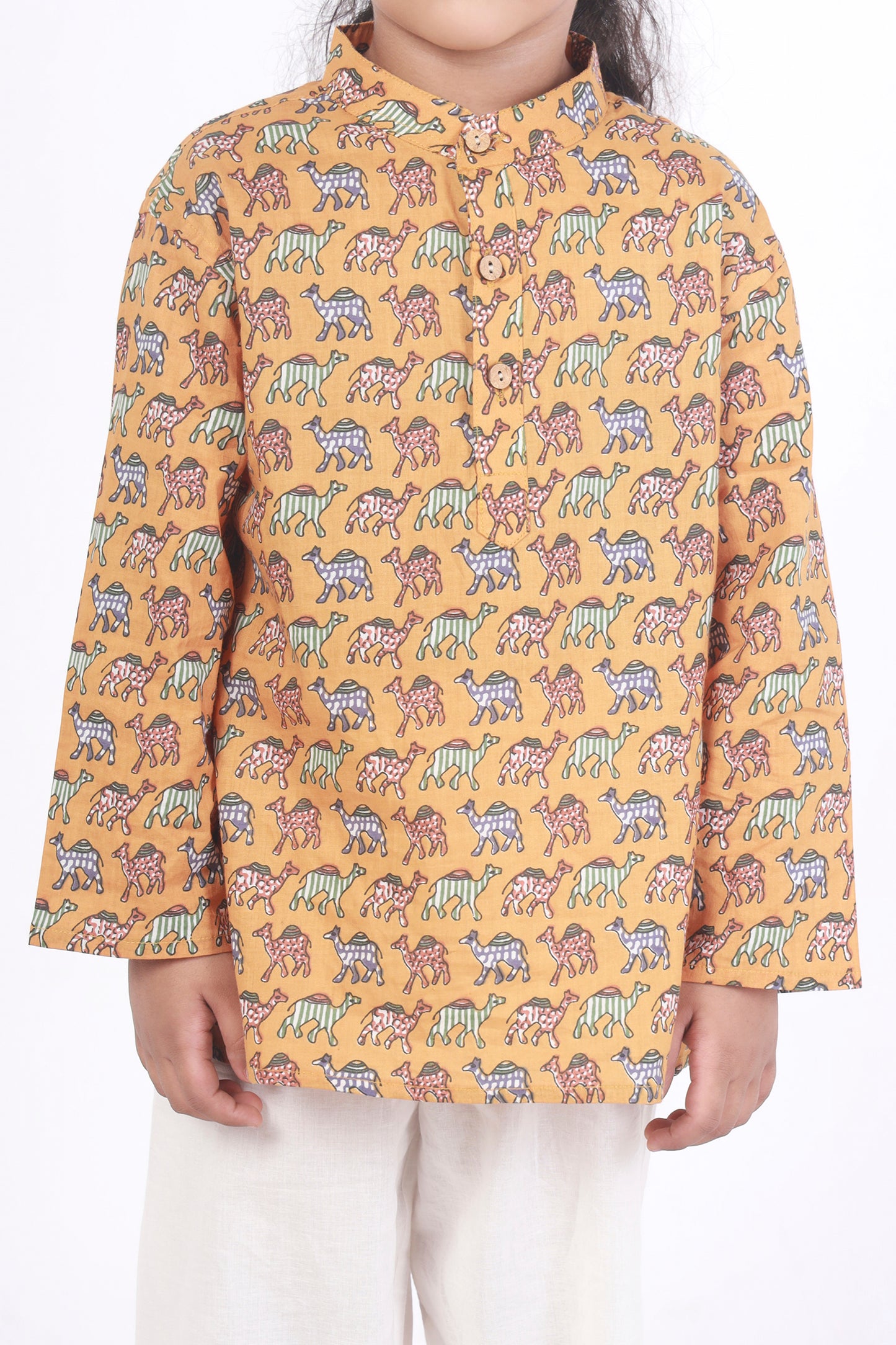 Yellow Camel Print Cotton Kurta pajama nightsuit set 