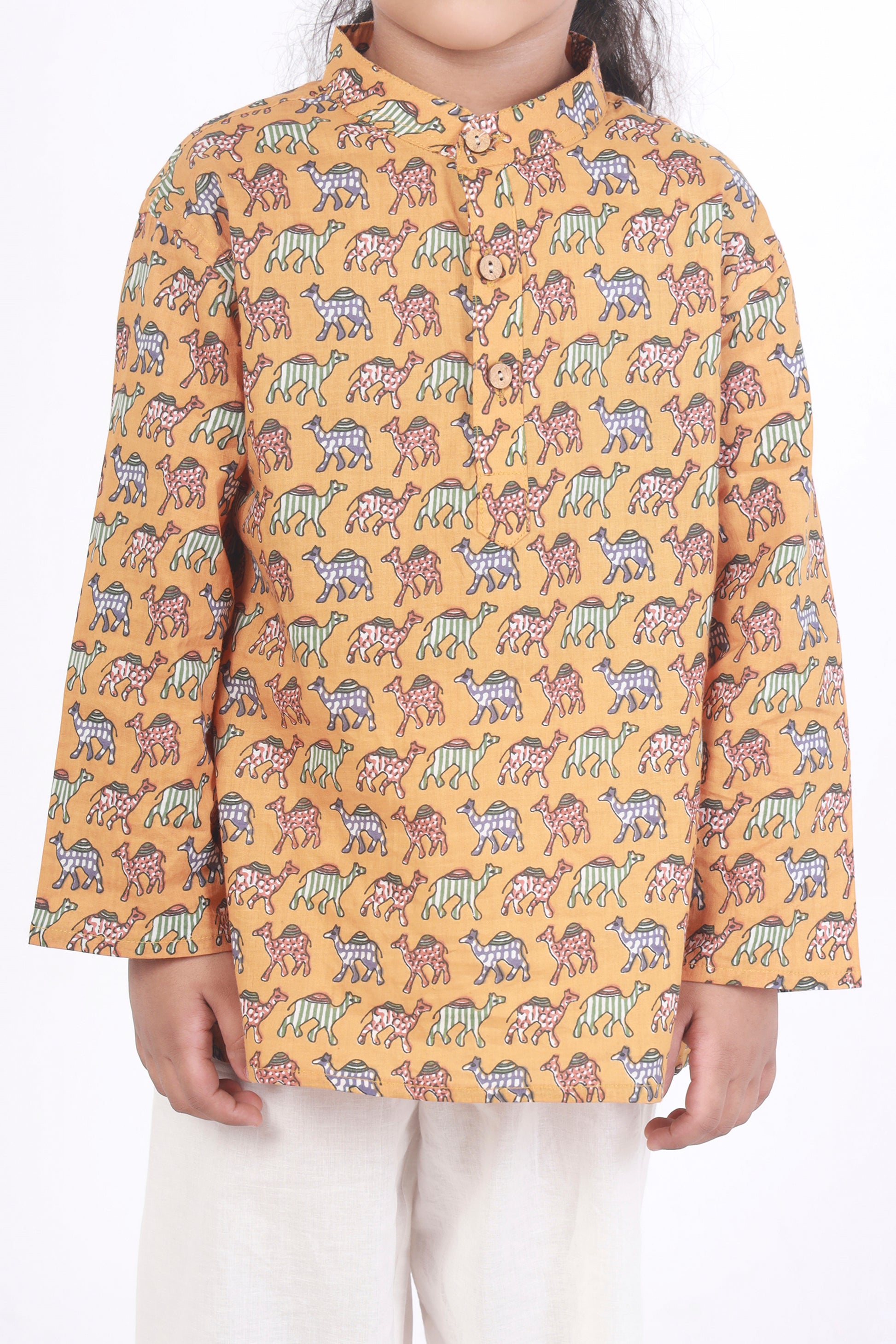 Yellow Camel Print Cotton Kurta pajama nightsuit set 