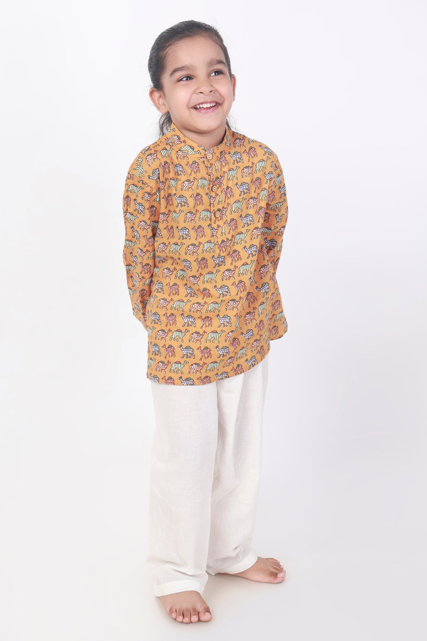 Yellow Camel Print Cotton Kurta pajama nightsuit set 