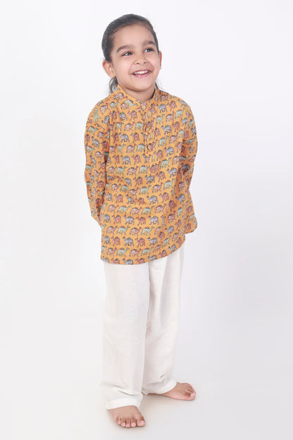 Yellow Camel Print Cotton Kurta pajama nightsuit set 