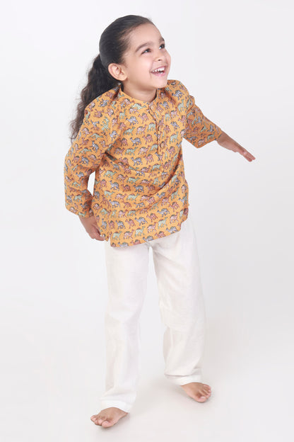 Yellow Camel Print Cotton Kurta pajama nightsuit set 