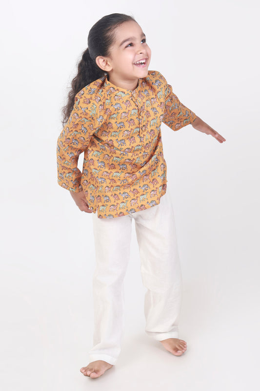 Yellow Camel Print Cotton Kurta pajama nightsuit set 