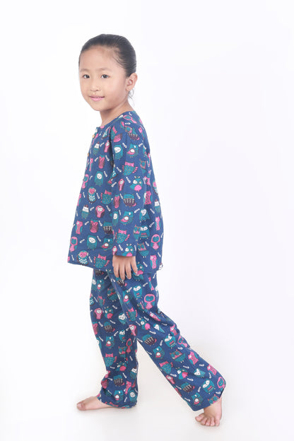 Navy Blue Cotton Owl Print Cotton Nightsuit for Kids