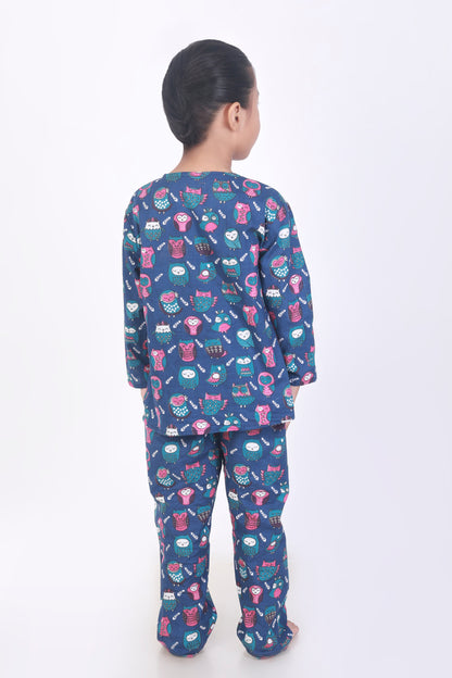 Navy Blue Cotton Owl Print Cotton Nightsuit for Kids