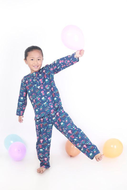 Navy Blue Cotton Owl Print Cotton Nightsuit for Kids