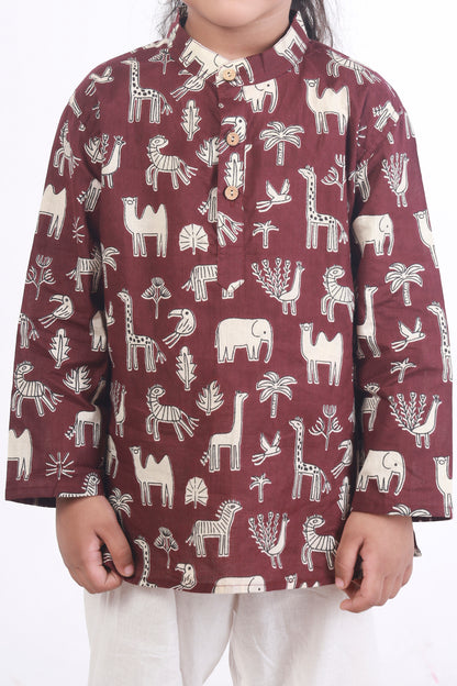 wine jungle print cotton kurta pajama nightsuit set for kids 