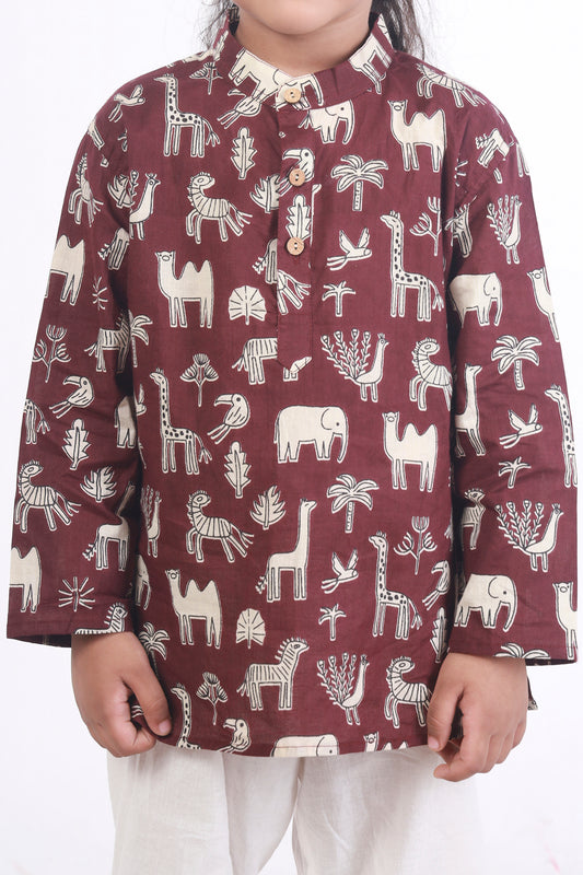 wine jungle print cotton kurta pajama nightsuit set for kids 