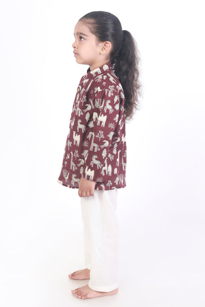wine jungle print cotton kurta pajama nightsuit set for kids 