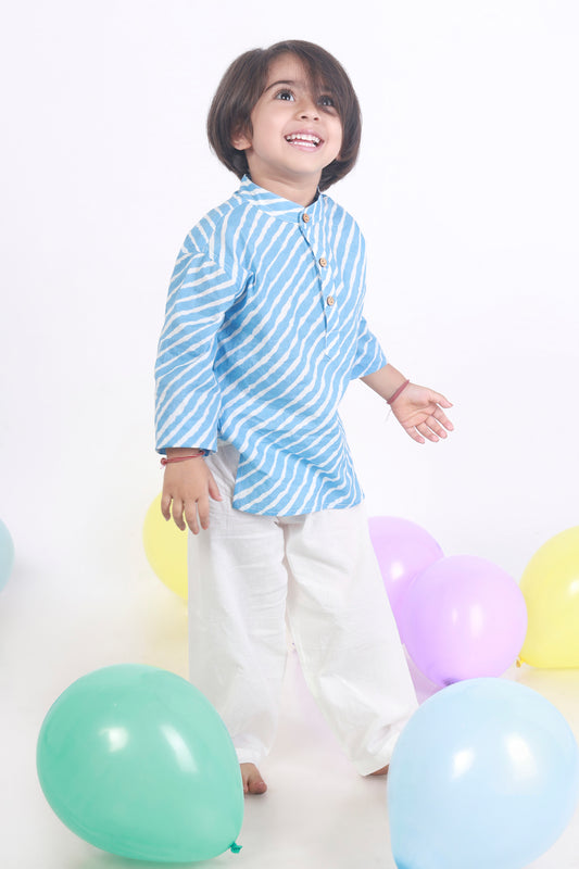 blue stripes kurta pajama nightsuit set in cotton for kids 