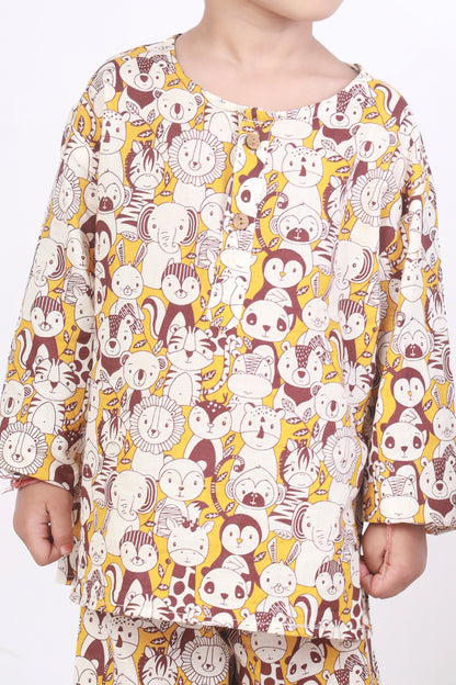 Animal jungle print cotton kurta pajama nightsuit set for kids 