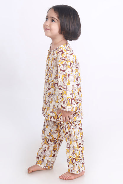 Animal jungle print cotton kurta pajama nightsuit set for kids 