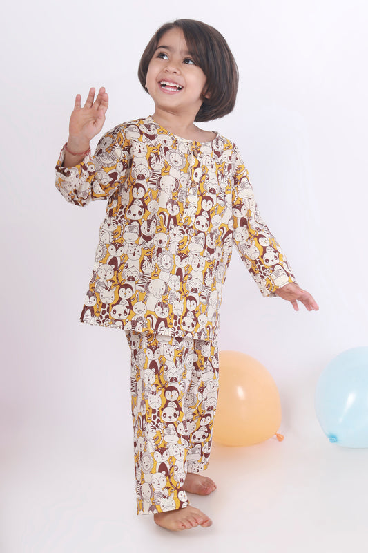 Animal jungle print cotton kurta pajama nightsuit set for kids 