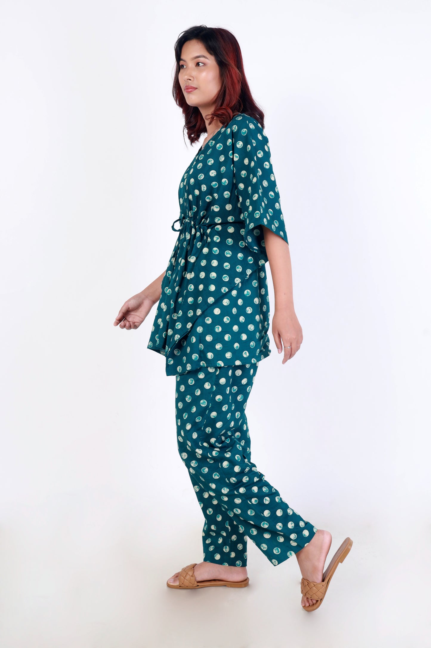 Woman  teal polka dot kaftan set 