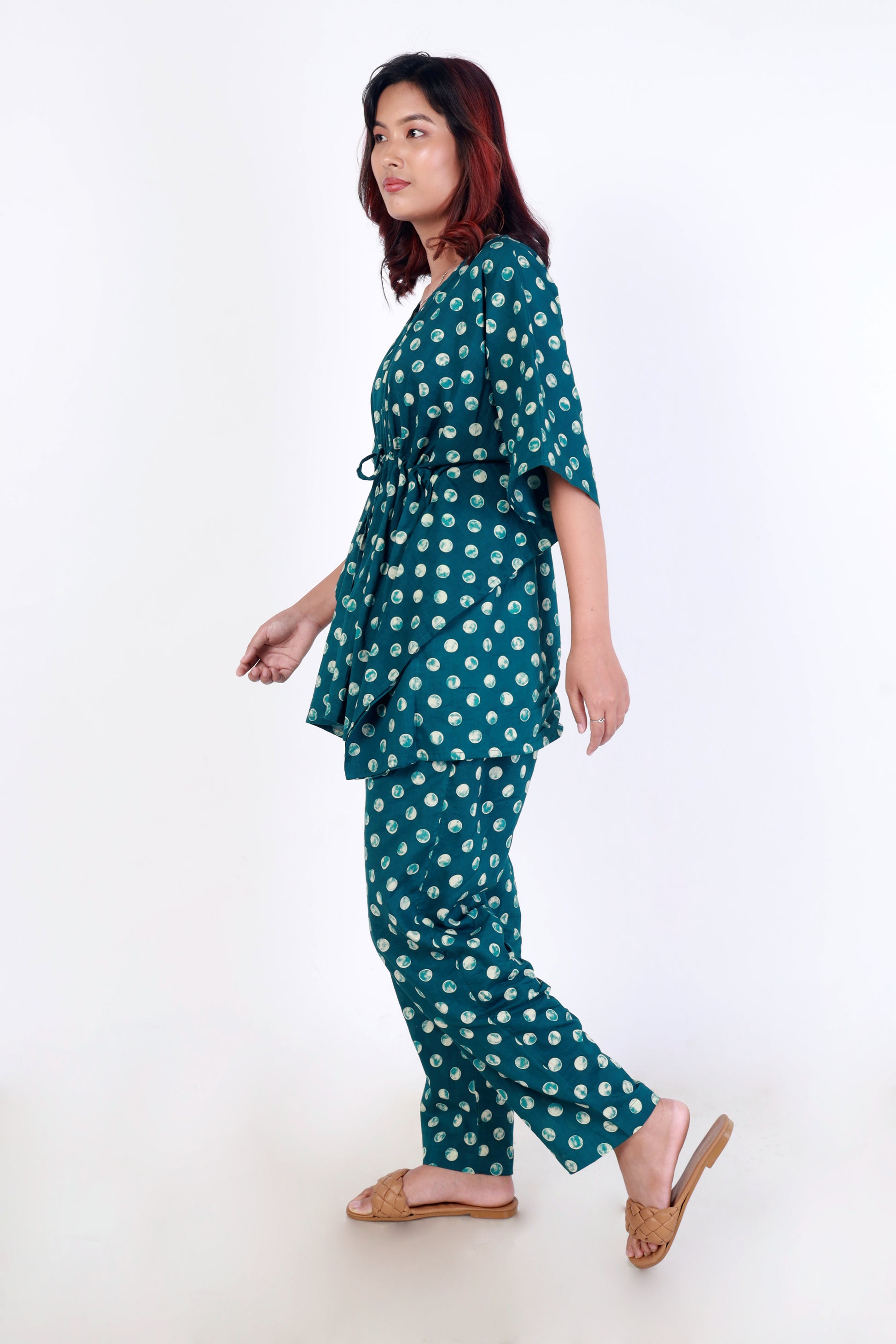 Woman  teal polka dot kaftan set 