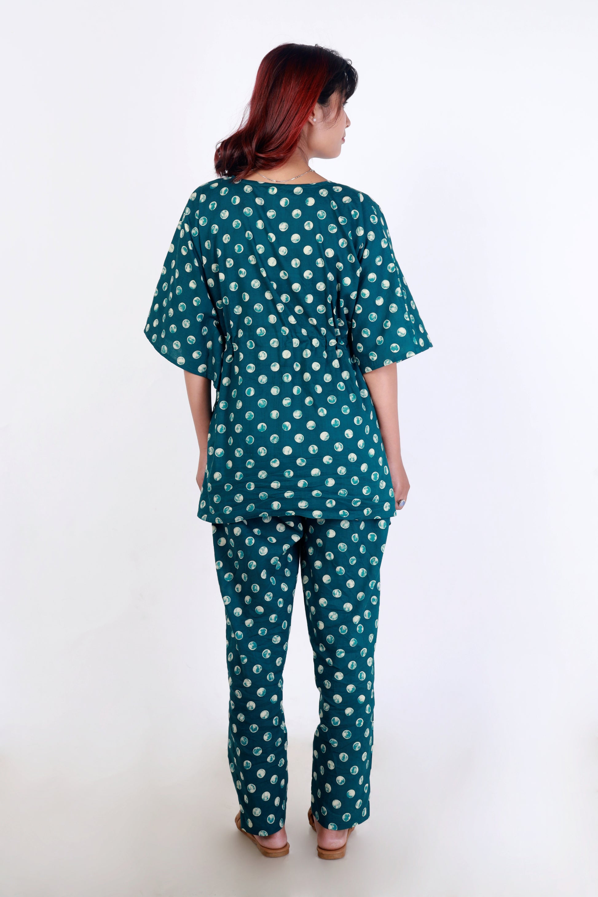 Woman  teal polka dot kaftan set 