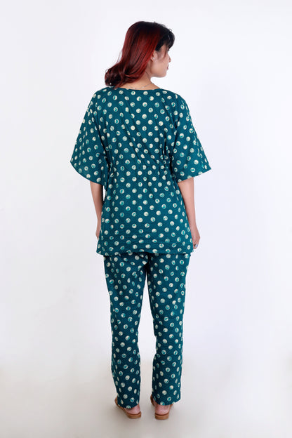 Woman  teal polka dot kaftan set 