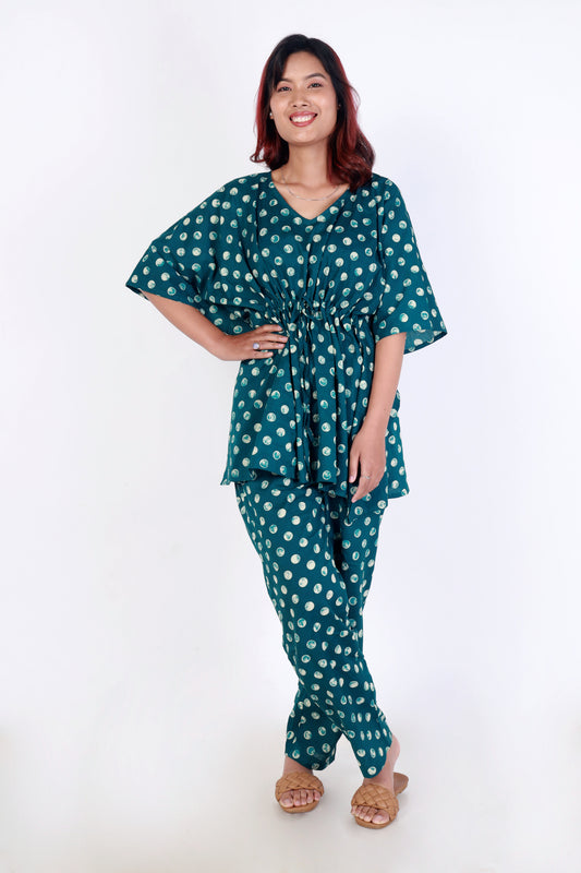 Woman  teal polka dot kaftan set 