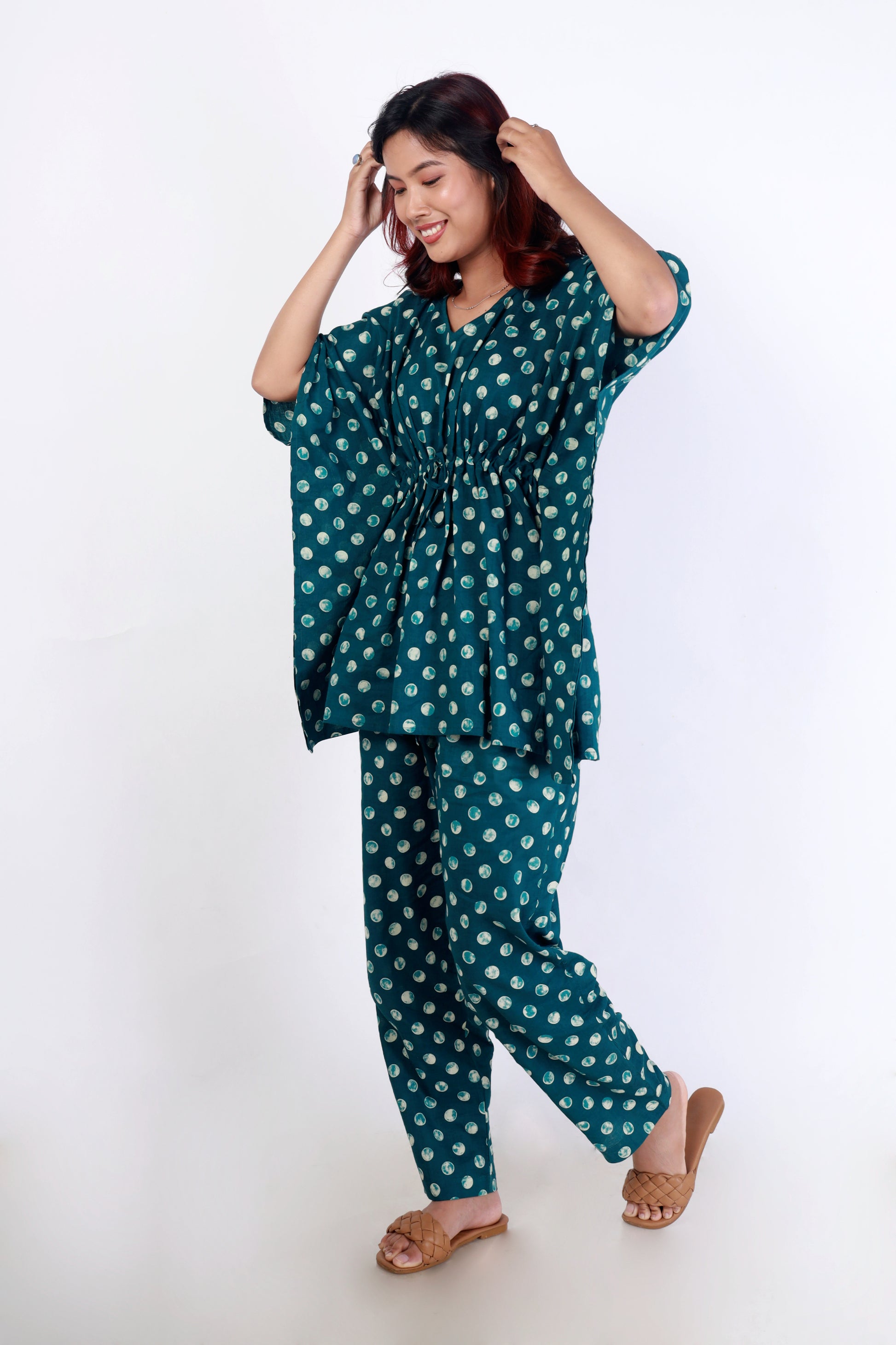 Woman  teal polka dot kaftan set 