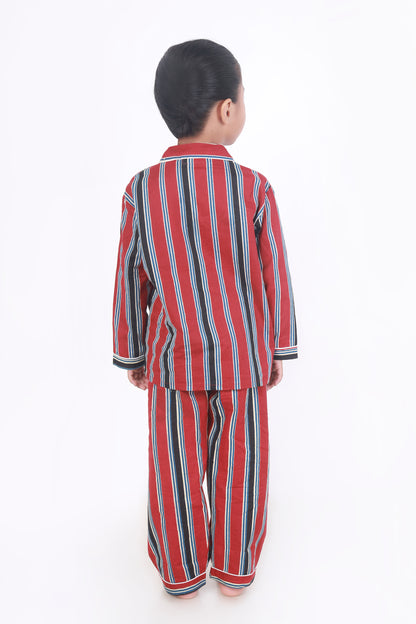 Red and Black stripe nightsuit set for kids in cotton 