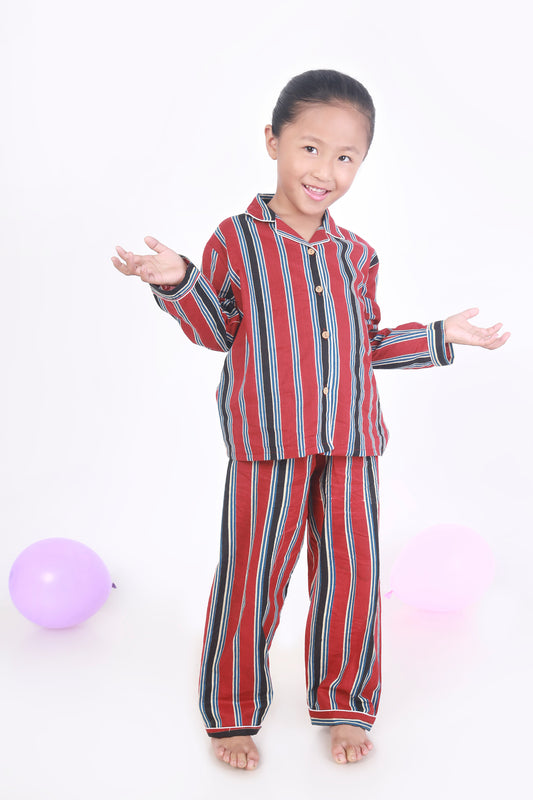 Red and Black stripe nightsuit set for kids in cotton 
