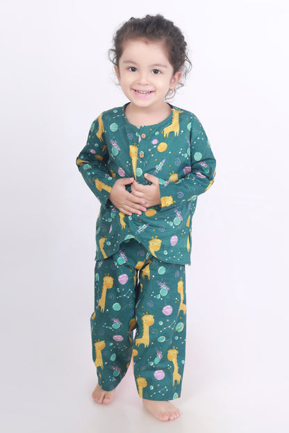 green giraffe print cotton kurta pajama nightsuit for kids 
