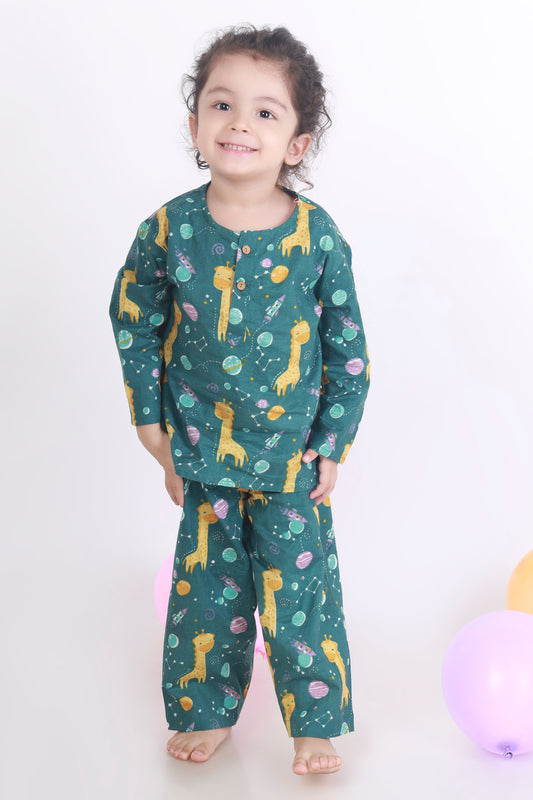 green giraffe print cotton kurta pajama nightsuit for kids 