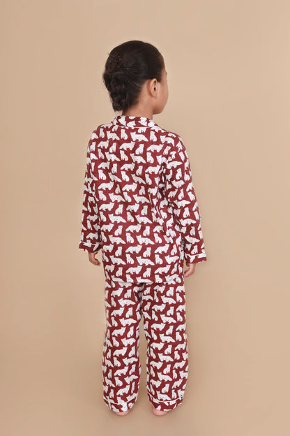 MAroon Cat shirt pajama nighsuit set for kids 