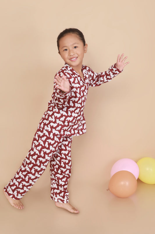 MAroon Cat shirt pajama nighsuit set for kids 