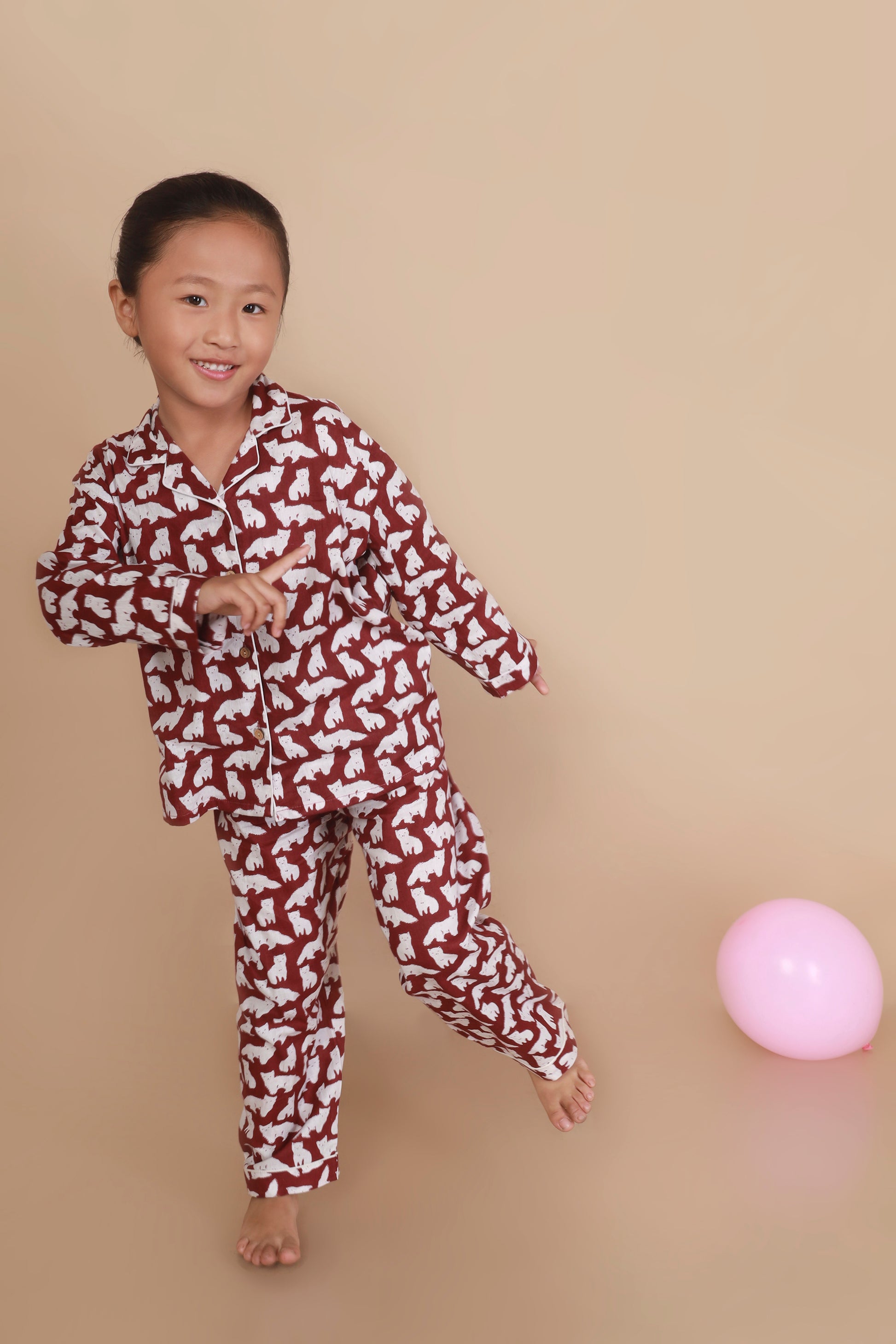 MAroon Cat shirt pajama nighsuit set for kids 