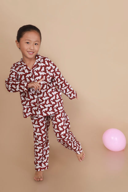 MAroon Cat shirt pajama nighsuit set for kids 