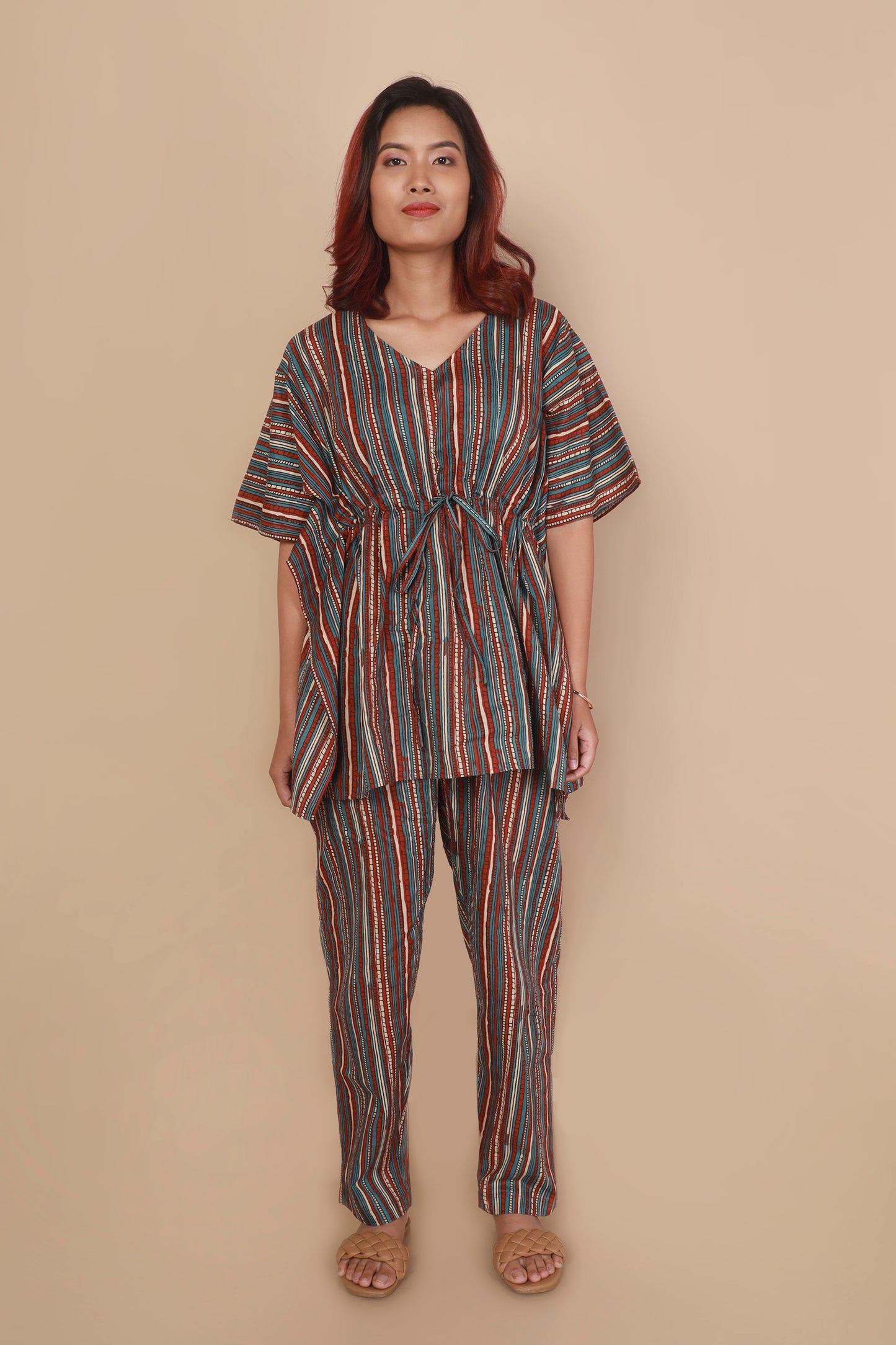Aqua blue colourful stripe cotton kaftan set for women