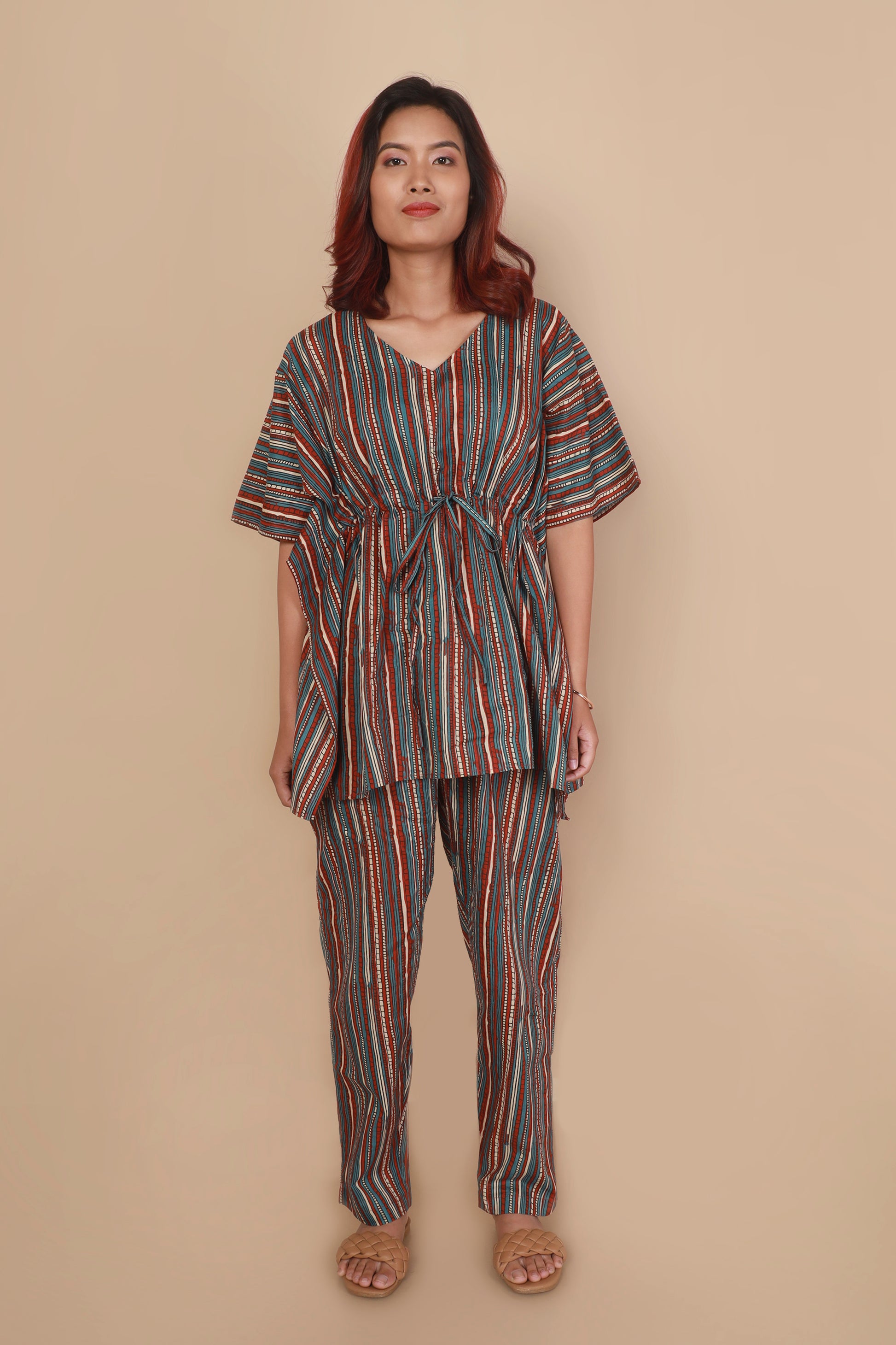 Aqua blue colourful stripe cotton kaftan set for women