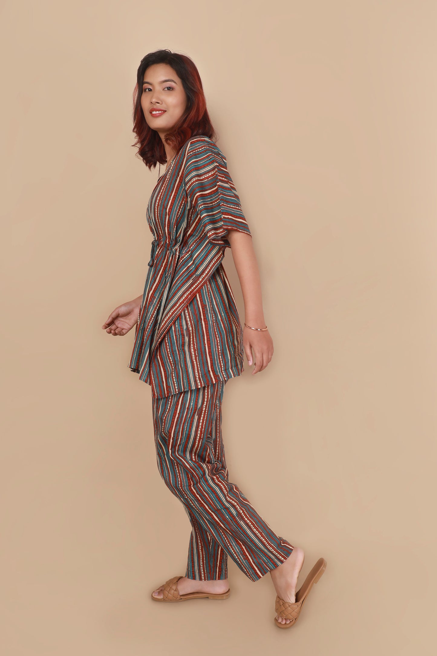 Aqua blue colourful stripe cotton kaftan set for women