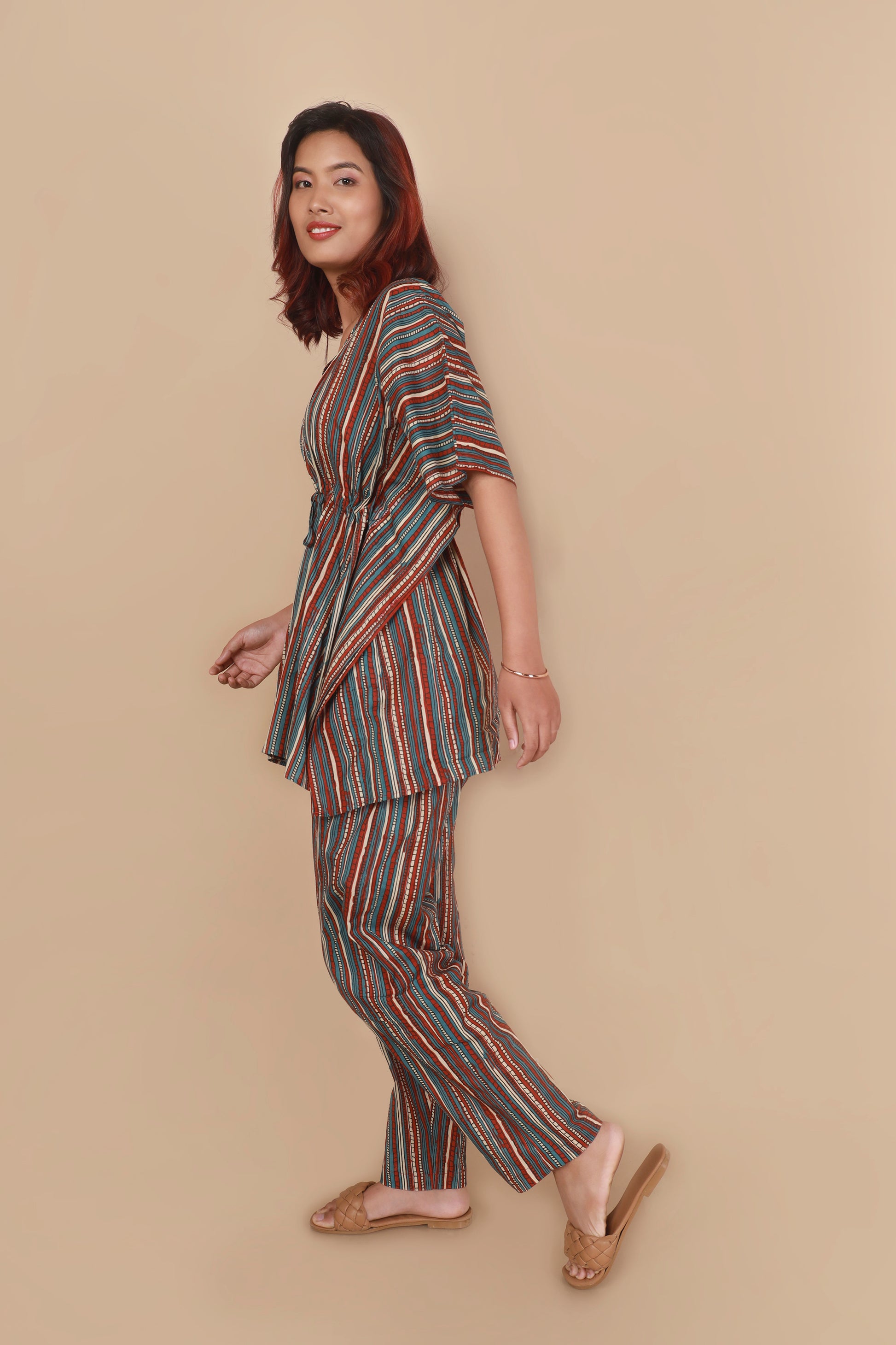 Aqua blue colourful stripe cotton kaftan set for women